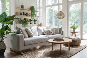 modern living room featuring greenery, large windows, and stylish decor. Bathed in natural light, it's perfect for home decor, interior design, and lifestyle themes.