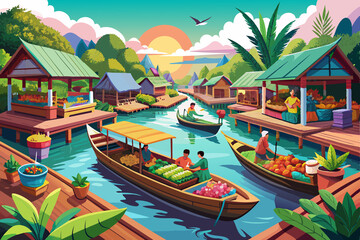 Thai floating market with boats filled with fresh produce