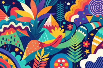 background with sketched abstract shapes in bold and bright colors