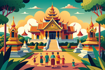 Naklejka premium Laotian Buddhist temple with monks walking around