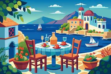 Obraz premium Greek taverna with a view of the sea and traditional dishes on the table