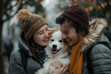 A young couple in winter clothing share a joyful moment with their happy white and brown dog