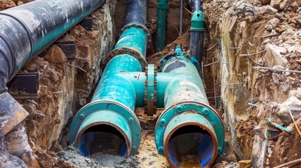 Water drainage blue pipe in wet area. Land reclamation systems and the environment. Perforated large diameter plastic tube