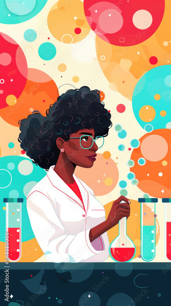 Poster a woman scientist with glasses and a lab coat is shown working in a lab with beakers and test tubes 