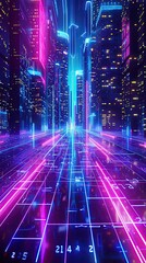 Vibrant neon glow in a futuristic urban setting, cyber nightlife, electric digital background, sleek city design, modern innovation