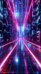 Vibrant neon glow in a futuristic urban setting, cyber nightlife, electric digital background, sleek city design, modern innovation