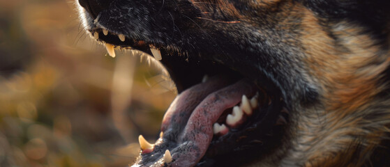 A close-up shot of a dog's mouth, with sharp teeth and tongue visible, illustrating alertness and instinct.