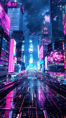 Vibrant neon glow in a futuristic urban setting, cyber nightlife, electric digital background, sleek city design, modern innovation