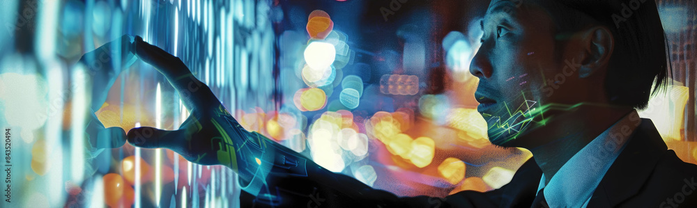Poster a man interacts with a digital data display, reaching out to touch the screen. the background is a b