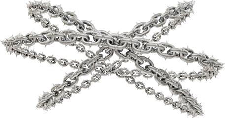 Modern Alchemy: Steel Chain Design. Reimagine steel with this 3D illustration! Sharp chains twist into graceful forms, sparking creative exploration in art and fashion (transparent background).