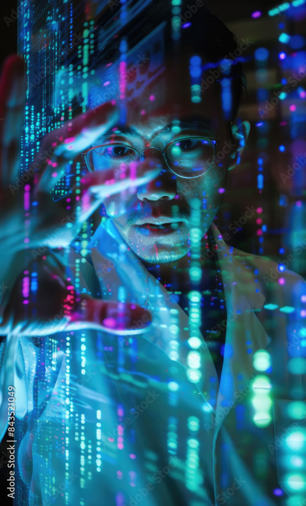 Poster a man in glasses looks intently at a digital data stream, his hands reaching out to interact with th