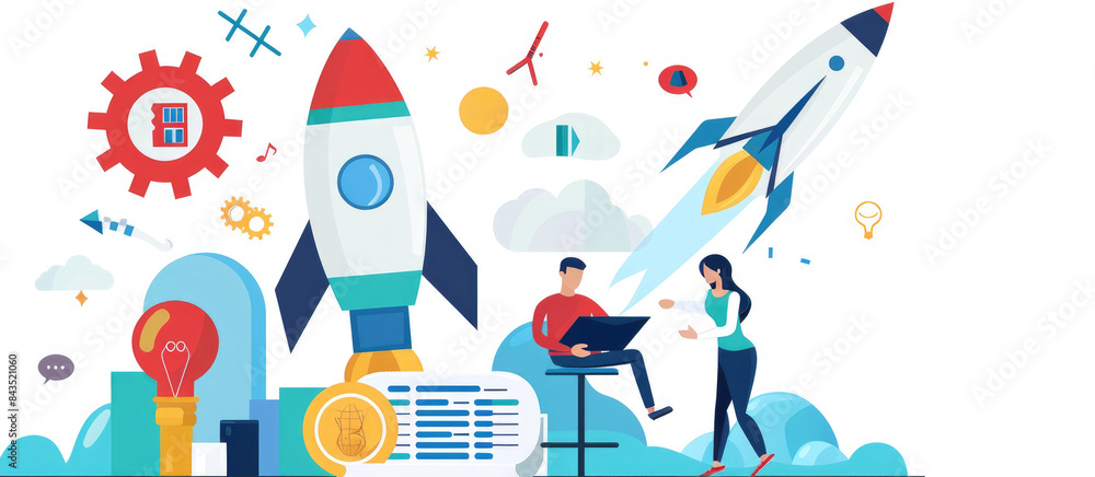 Poster an illustration depicting a business launch with two people working on a project in front of a rocke