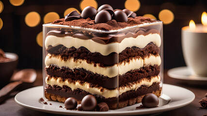 Sweet dessert different layers of chocolate tiramisu cream cookie sponge placed on a plate with shavings and bonbons