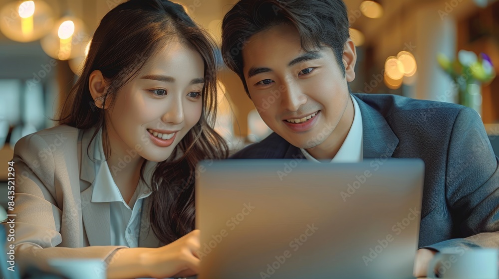 Aufkleber Young Asian business man and woman are working together as team using laptop computer in an office meeting room. They are looking at the screen and smiling while discussing a project. Generative AI.
