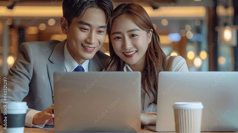 Poster young asian business man and woman are working together as team using laptop computer in an office m