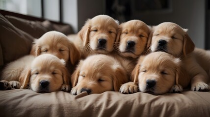 Golden puppy They were happily sleeping snuggled together.