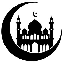 Silhouette of the mosque above the crescent moon