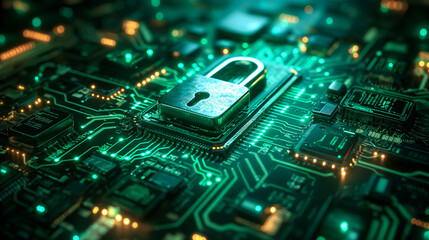 Fototapeta premium Cyber Security Lock on Futuristic Neon High Tech Circuit Board. Corporate Personal Data Protection, Antivirus, Firewall, VPN. Innovation, Smart Solution.GDPR, Privacy, Digital Identity, Online Banking