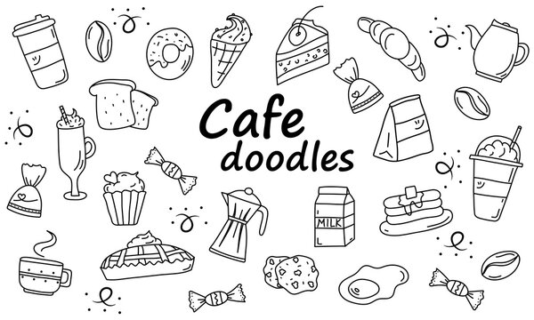 Cafe Doodles Set, Icons Cafe, Hand Drawn, Concept, Outline, Sketch, Breakfast, Coffee, Sweet, Pie, Cake, Pancakes, Ice Cream, Donut