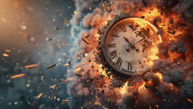 An illustration of an old alarm clock that is burned by an amount of blazing fire with hugely strong heat and is causing some fumes in the air.