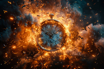 Fototapeta premium An illustration of an old alarm clock that is burned by an amount of blazing fire with hugely strong heat and is causing some fumes in the air.