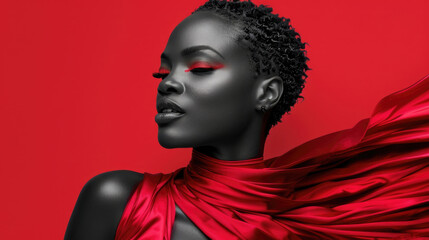 A black woman with short, curly hair poses in a red silk fabric against a red background. She is wearing a red top with a high neckline and has red eyeliner