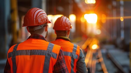 Construction workers wearing safety gear, including hard hats and high-visibility vests, walk through a construction site at sunrise.
