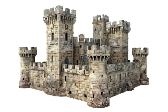 High-resolution image of a stone medieval castle with towers and battlements, perfect for historical themes and architectural references.