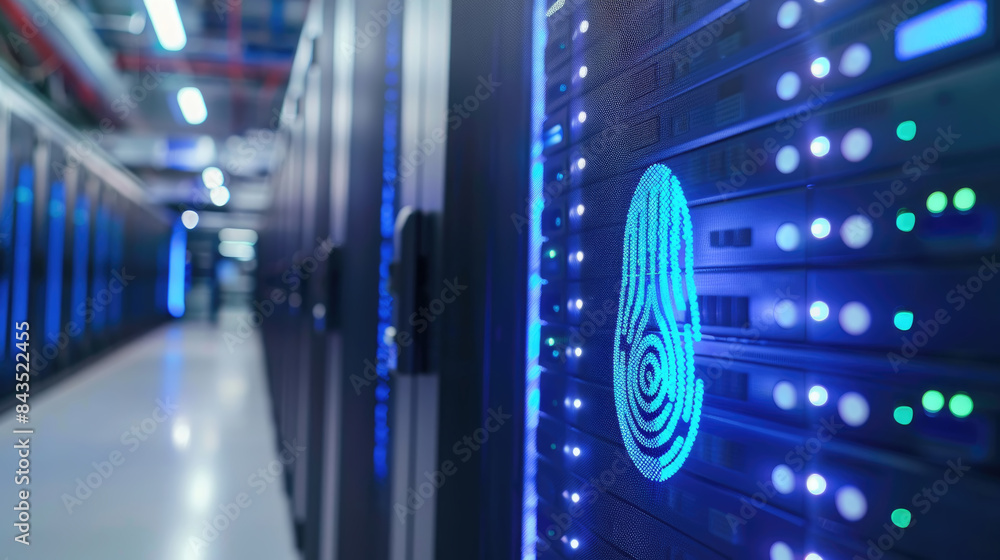 Poster a close-up shot of a server rack in a data center with a blue fingerprint light emitting from the fr