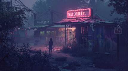 A single person walks down a deserted street lit by neon signs in the foggy night