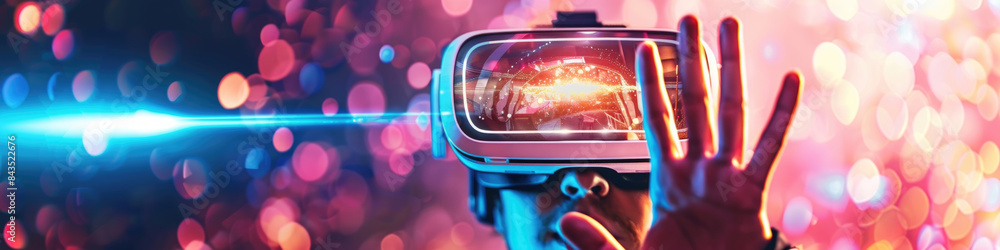 Poster a person wearing a vr headset interacts with a virtual world, with a colorful bokeh background and a