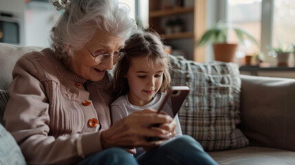 Grandmother and her granddaughter are sitting comfortably on a couch, sharing a heartwarming moment as they browse the internet together on a smartphone
