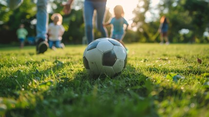 Fototapeta premium Child, legs, and soccer ball on grass for pleasure, childhood, or park play. Young boy playing sports on a green field in nature seeking score, point, or goal.