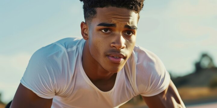 Fitness, city, and fatigued man on rooftop after running, cardio, and outdoor exercise. Tired runner, sportsman, or healthy athlete resting to regain energy