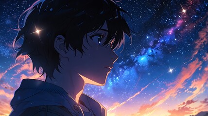 Handsome anime boy with beautiful view of clear sky in background, unique anime style wallpaper