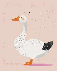 Obraz premium This image features a stylized illustration of a white duck with an orange beak on a beige backdrop, with a modern artistic flair