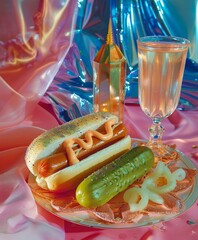 A colorful setup with a fancy hot dog, pickles, onions, and a glass of champagne on a decorative plate