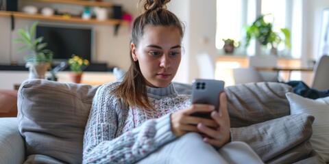 Homebound woman uses smartphone to check social media, upgrade multimedia subscription, or converse on sofa from above. India girl, phone, download games, read notifications, apps