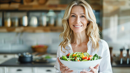 Happy and healthy woman is smiling while holding a bowl of fresh salad in her modern kitchen