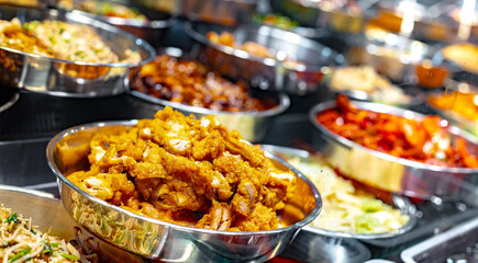 Traditional Asian dishes sold in a food court in Singapore