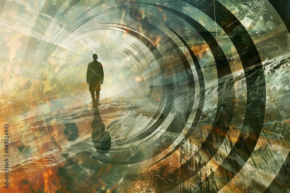Poster a solitary figure walks towards a bright light at the end of a tunnel formed by concentric circles. 