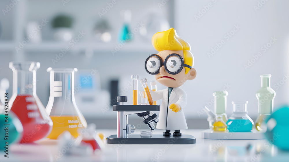 Poster 3d character scientist with lab equipment on a white laboratory background