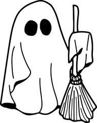 cartoon caped ghost, fun, halloween, line drawing, wear white, coloring book, illustration