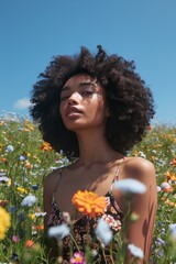 Naklejka premium Gorgeous woman with curly hair surrounded by colorful flowers on a bright sunny day