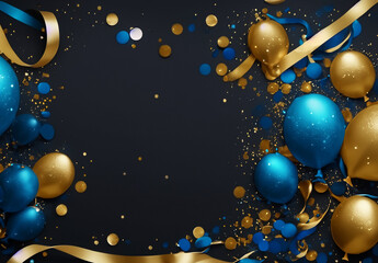 Holiday background with golden and blue metallic balloons