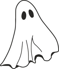 cartoon caped ghost, fun, halloween, line drawing, wear white, coloring book, illustration