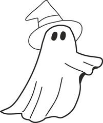 cartoon caped ghost, fun, halloween, line drawing, wear white, coloring book, illustration