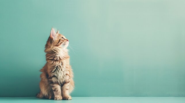 A cute cat Siberian sitting on a solid background with space above for text, Generative AI