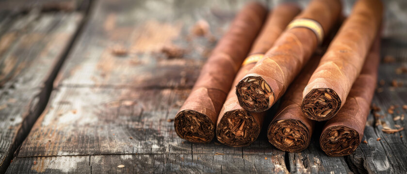 A collection of cigars with dark, rich hues lies in a rustic display on a worn wooden table, accentuating their textured surfaces and artisanal craftsmanship.