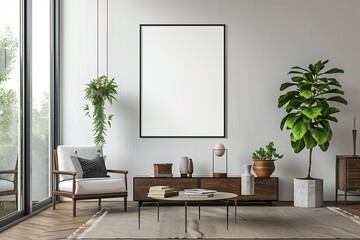 Room wall interior modern floor style design furniture home. Frame picture decorative sofa template blank poster background white living wooden canvas. Space house image